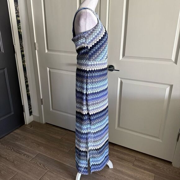 Guess Resortwear Blue Striped Crochet Lace Halter Maxi Dress Size 14 - Picture 2 of 9